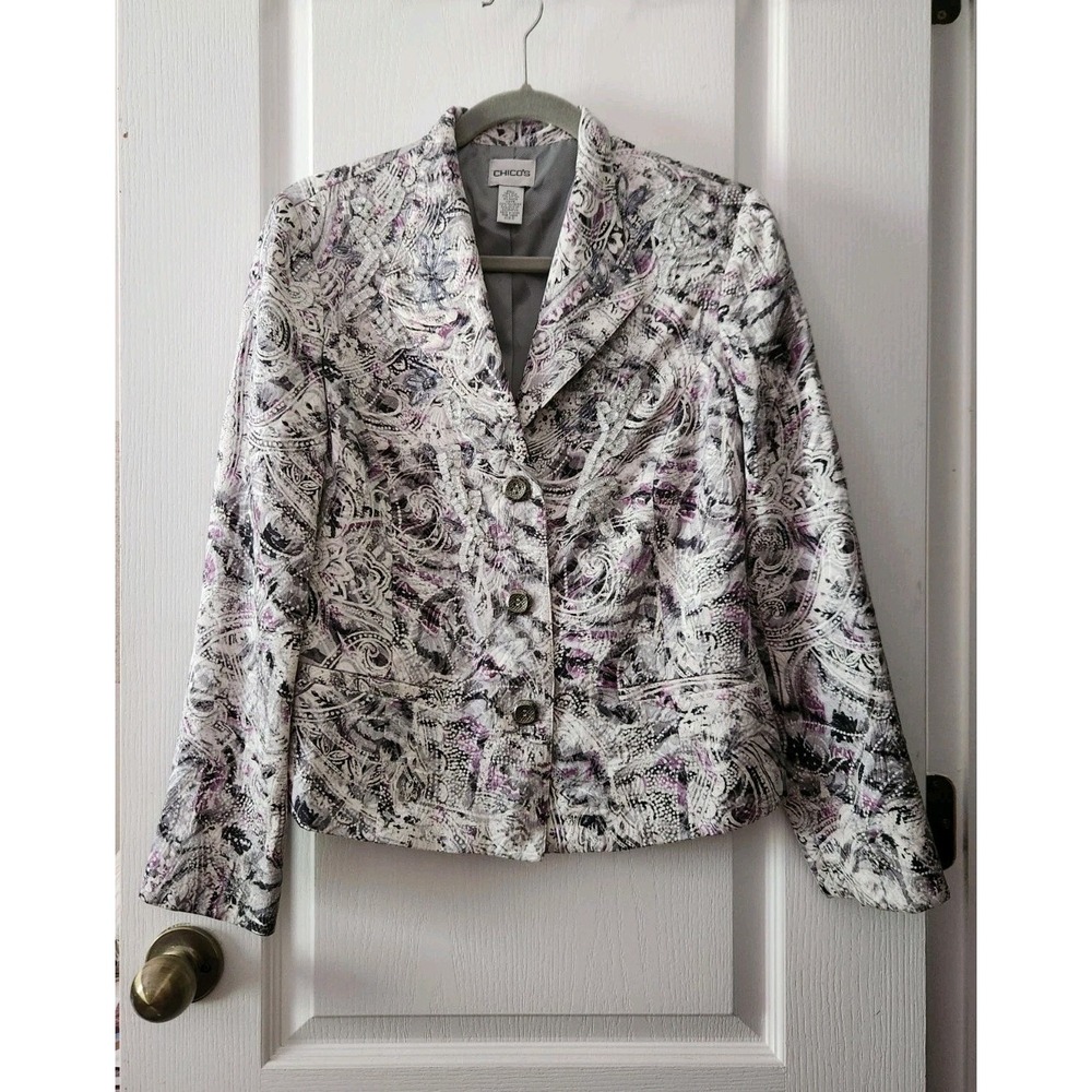 Chico's Womens Purple Pretty Print Beaded Silk Blend Parmenia Coat‎ Size 0 (S/4)